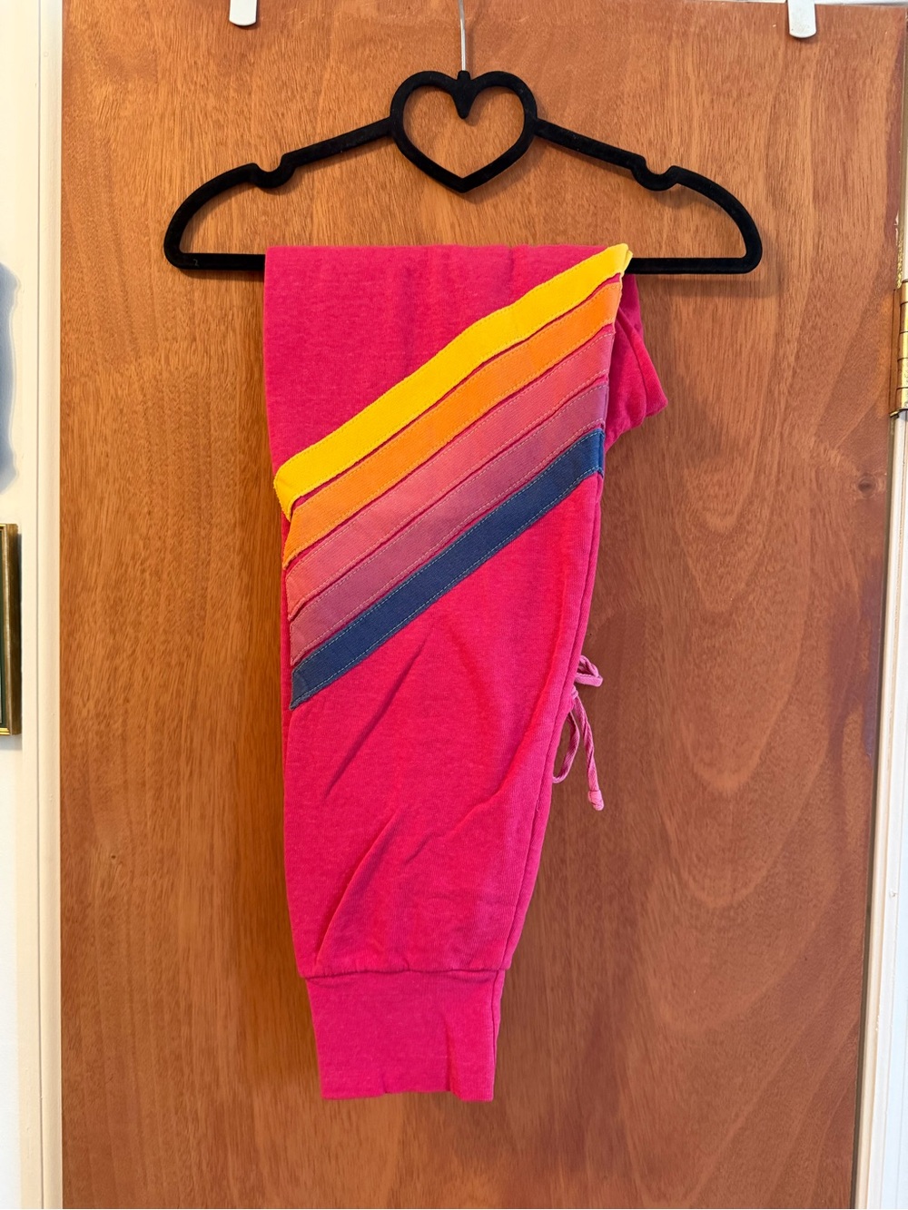 Aviator Nation Hot Pink Joggers with Rainbow Diagonal Stripes